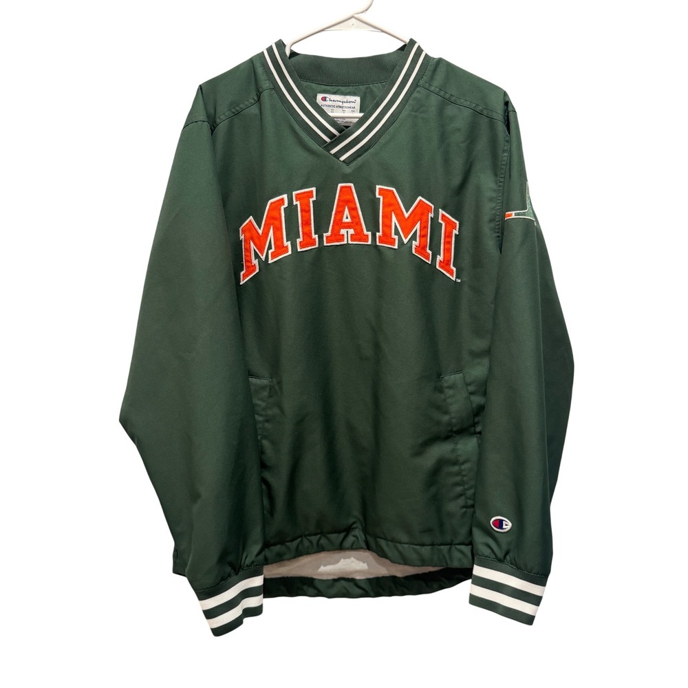 Champion Miami Hurricanes Windbreaker Mens Small Green Excellent V-Neck Pullover